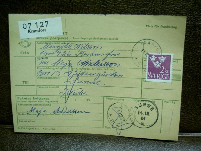 Paketavi med stämplade frimärken - 1964 - Kramfors till Sunne