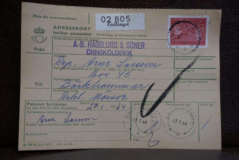 Frimärke  på adresskort - stämplat 1964 -  Gullänget - Bäckhammar 