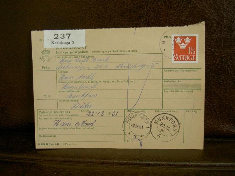 Paketavi med stämplade frimärken - 1961 - Karlskoga 5 till Munkfors