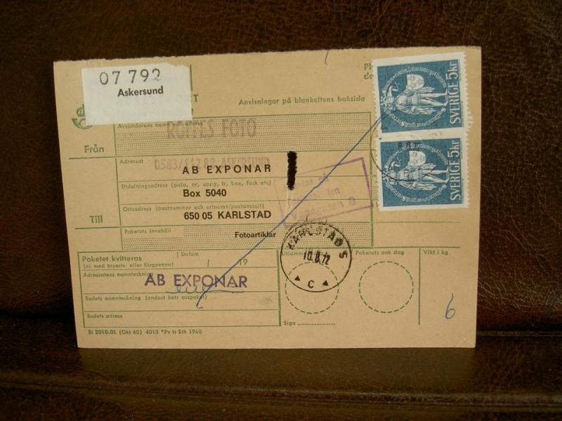 Paketavi med stämplade frimärken - 1972 - Askersund till Karlstad 