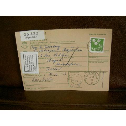 Paketanhopning + Paketavi med stämplade frimärken - 1962 - Hägersten 1 till Munkfors