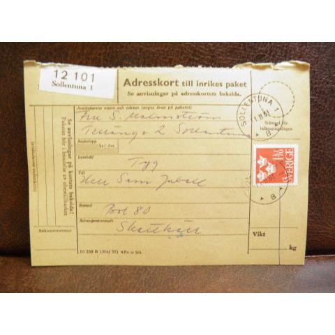Frimärke på adresskort - stämplat 1961 - Sollentuna 1 - Skattkärr