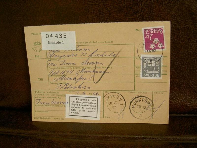 Paketanhopning + Paketavi med stämplade frimärken - 1962 - Enskede 1 till Munkfors
