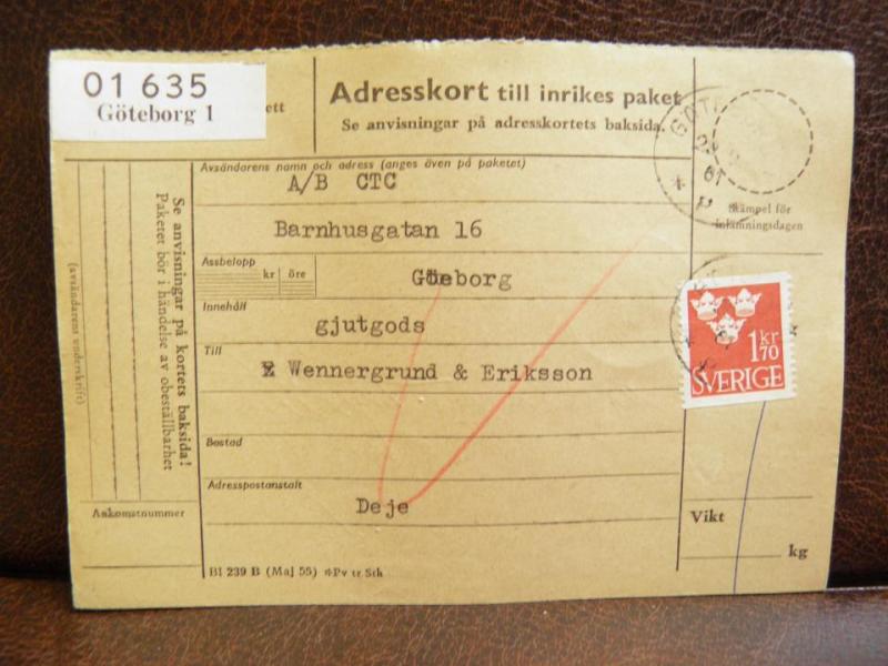 Frimärken på adresskort - stämplat 1961 - Göteborg 1 - Deje