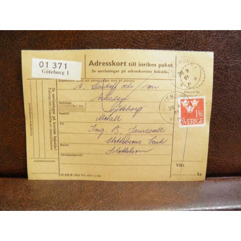 Frimärke på adresskort - stämplat 1961 - Göteborg 1 - Slottsbron
