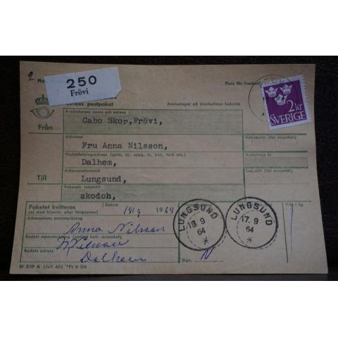 Frimärke  på adresskort - stämplat 1964 -  Frövi - Lungsund 