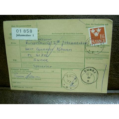 Paketavi med stämplade frimärken - 1964 - Johanneshov 1 till Sunne