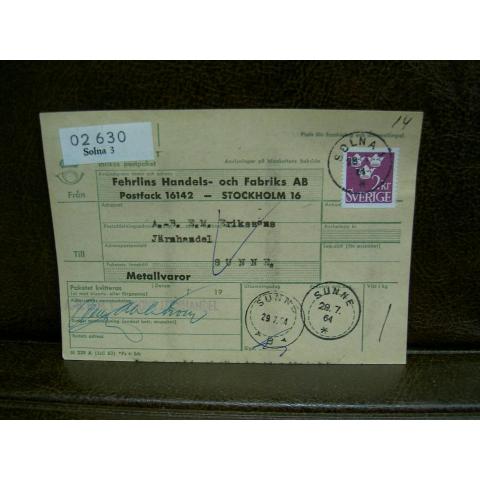 Paketavi med stämplade frimärken - 1964 - Solna 1 till Sunne