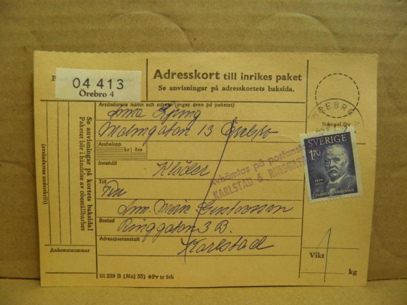 Frimärken  på adresskort - stämplat 1962 - Örebro 4 - Karlstad