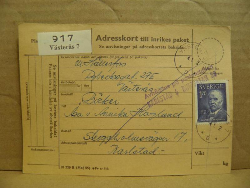 Frimärken  på adresskort - stämplat 1962 - Västerås 7 - Karlstad