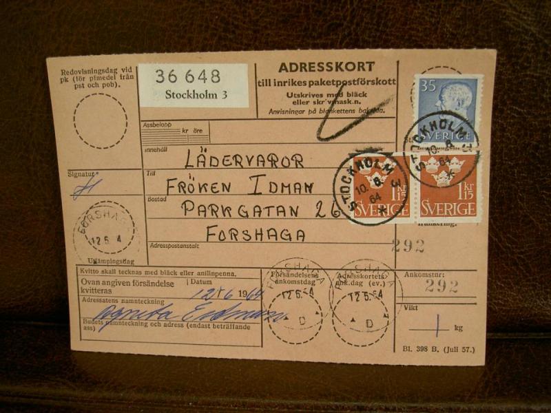 Paketavi med stämplade frimärken - 1964 - Stockholm 3 till Forshaga