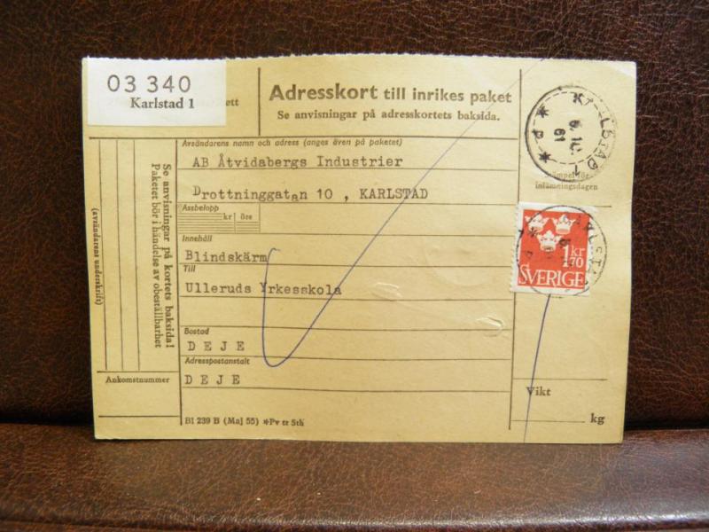 Frimärke  på adresskort - stämplat 1961 - Karlstad 1 - Deje