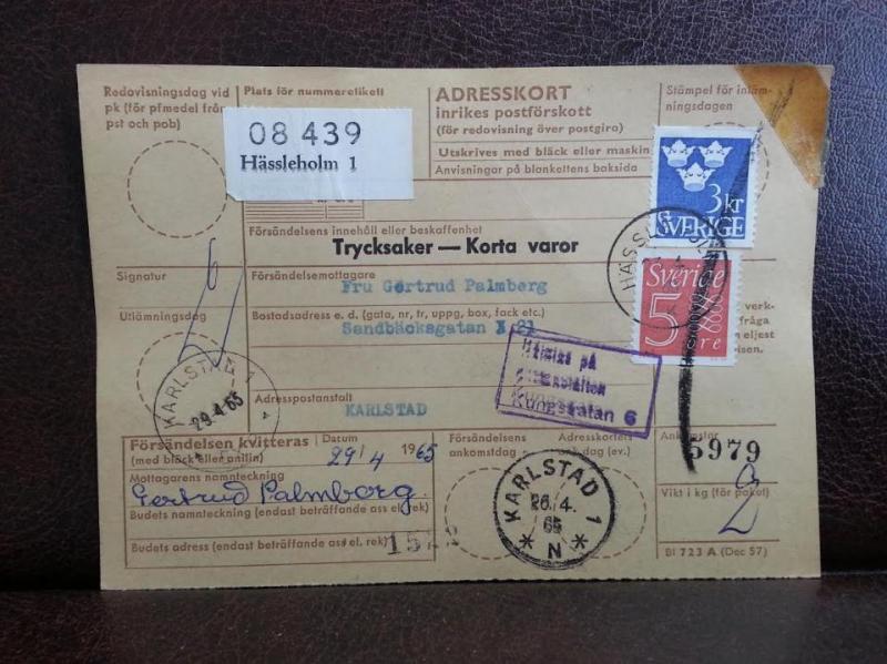 Frimärke på adresskort - stämplat 1965 - Hässleholm 1 - Karlstad 