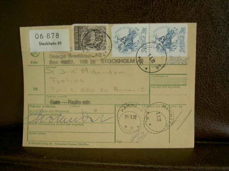 Paketavi med stämplade frimärken - 1972 - Stockholm 49 till Hammarö
