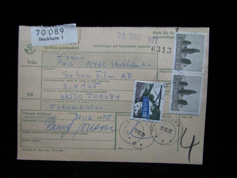 Adresskort med stämplade frimärken - 1972 - Stockholm till Torsby