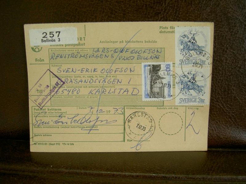 Paketavi med stämplade frimärken - 1973 - Bollnäs till Karlstad