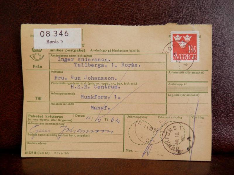 Frimärken på adresskort - stämplat 1962 - Borås 5 - Munkfors 1