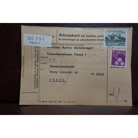 Frimärken  på adresskort - stämplat 1963 - Farsta 1 - Sunne