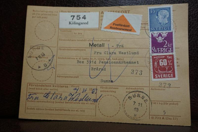 Postförskott + Frimärken  på adresskort - stämplat 1963 - Kölingared - Sunne