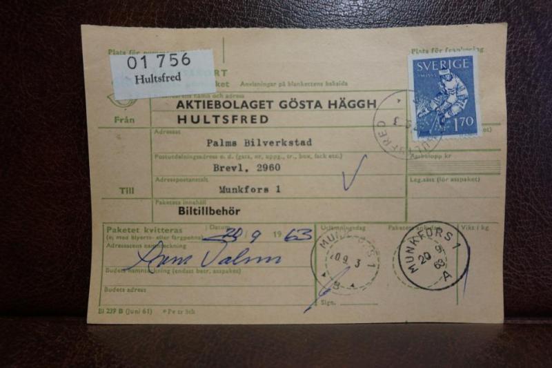 Frimärke på adresskort - stämplat 1963 - Hultsfred - Munkfors