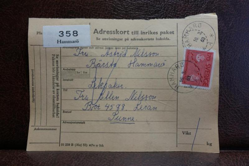 Frimärke på adresskort - stämplat 1963 -  Hammarö - Sunne