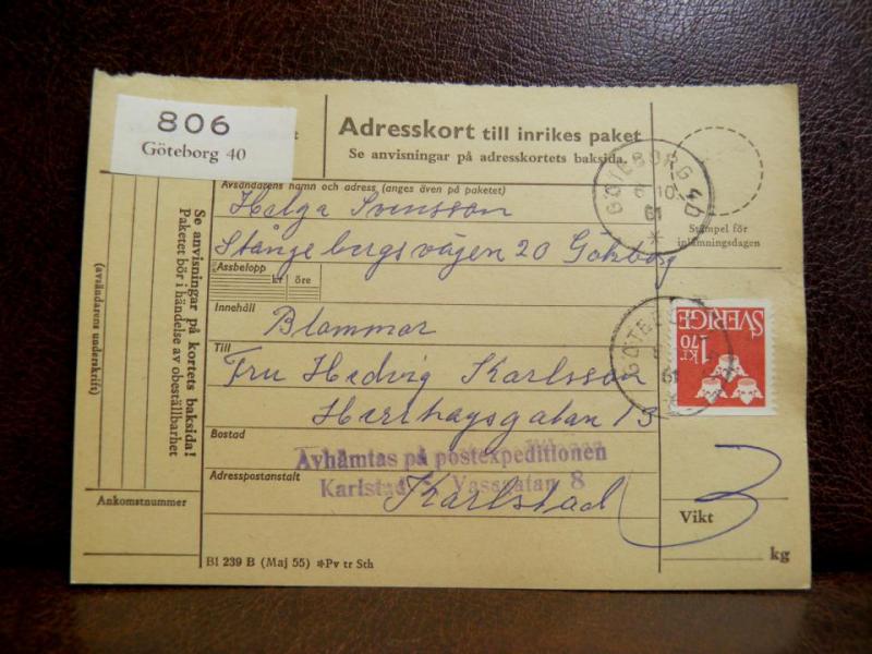 Frimärken på adresskort - stämplat 1961 - Göteborg 40 - Karlstad 