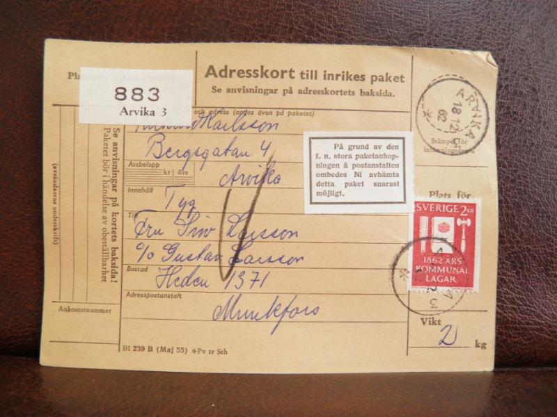 Frimärken på adresskort - stämplat 1962 - Arvika 3 - Munkfors 
