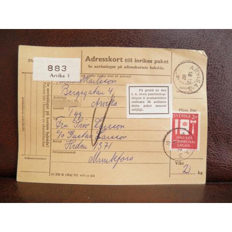 Frimärken på adresskort - stämplat 1962 - Arvika 3 - Munkfors 
