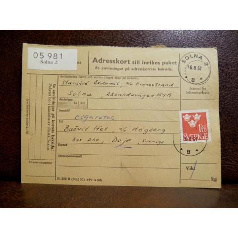 Frimärken på adresskort - stämplat 1961 - Solna 2 - Deje