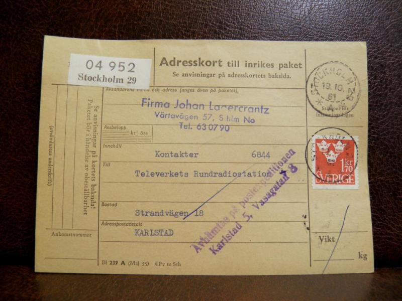Frimärken på adresskort - stämplat 1961 - Stockholm 29 - Karlstad 