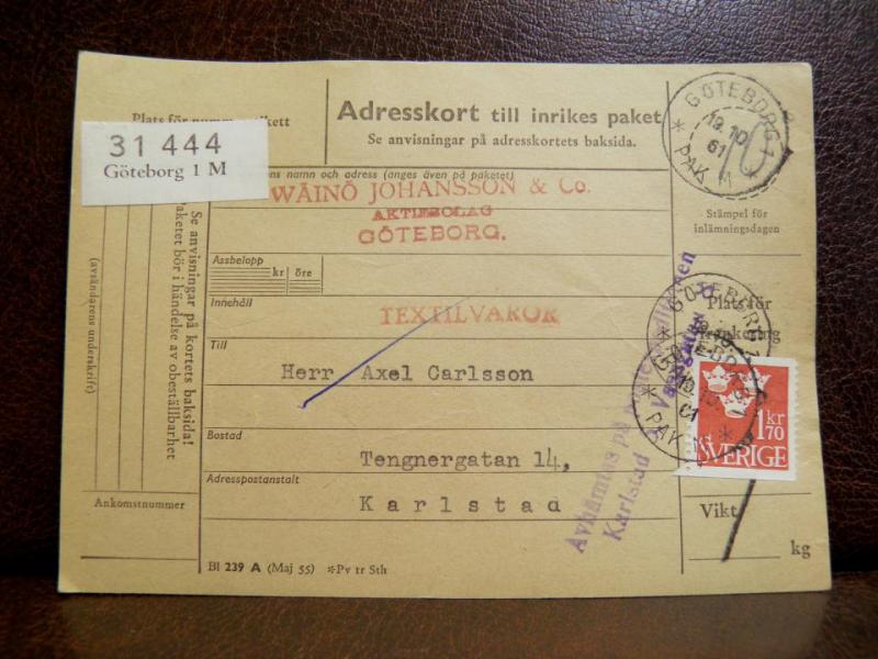 Frimärken på adresskort - stämplat 1961 - Göteborg 1 M - Karlstad 