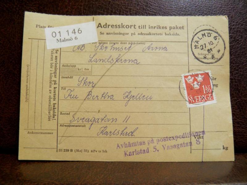 Frimärken på adresskort - stämplat 1961 - Malmö 6 - Karlstad