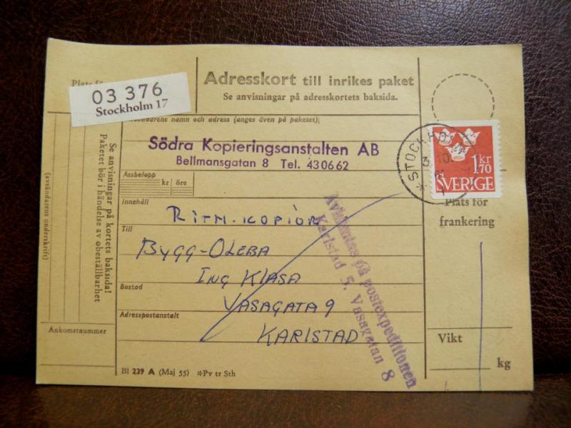 Frimärken på adresskort - stämplat 1961 - Stockholm 17 - Karlstad 
