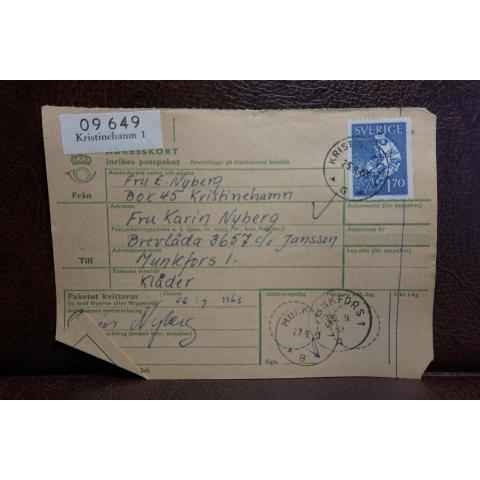 Frimärke på adresskort - stämplat 1963 - Kristinehamn 1 - Munkfors