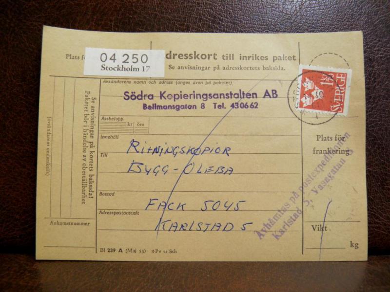 Frimärken på adresskort - stämplat 1961 - Stockholm 17 - Karlstad 5