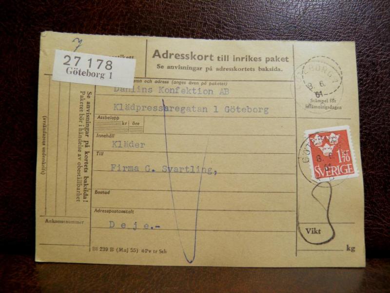 Frimärken på adresskort - stämplat 1961 - Göteborg 1 - Deje