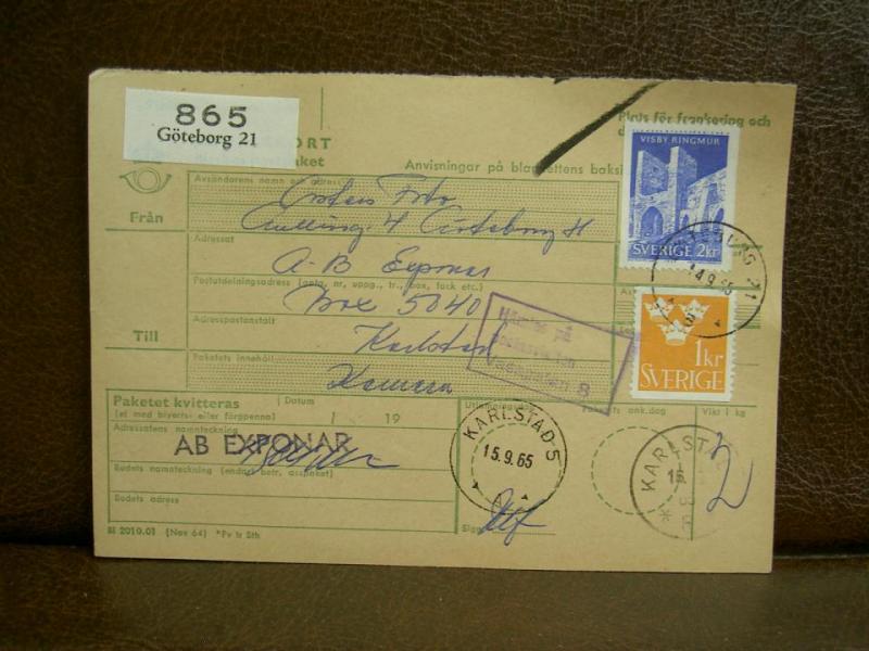 Frimärken  på adresskort - stämplat 1965 - Göteborg 21 - Karlstad 