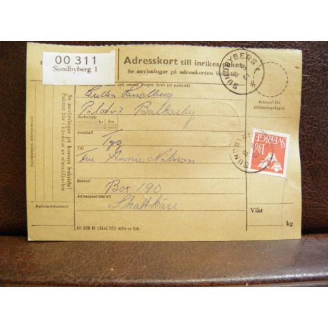 Frimärke  på adresskort - stämplat 1961 - Sundbyberg 1 - Skattkärr