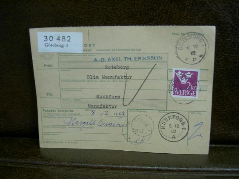 Paketavi med stämplade frimärken - 1962 - Göteborg 1 till Munkfors