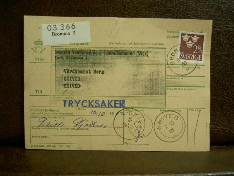Frimärken på adresskort - stämplat 1965 - Bromma 3 - Skived