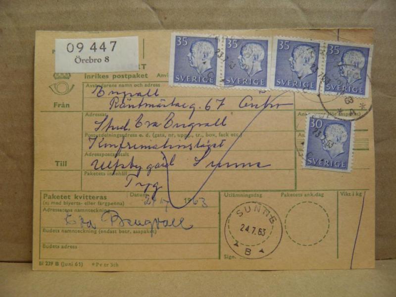 Frimärken på adresskort - stämplat 1963 - Örebro 8 - Sunne