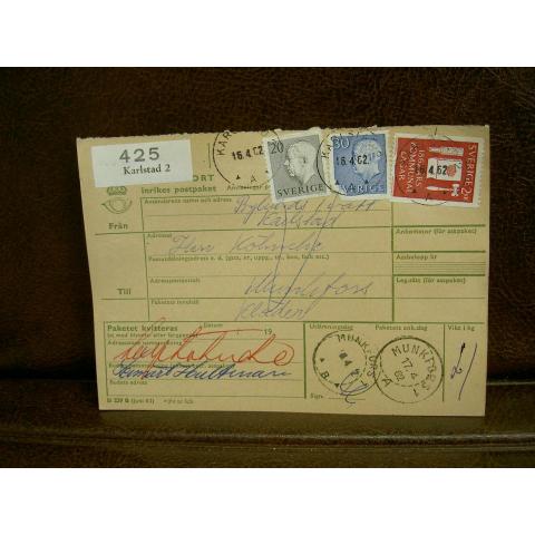 Paketavi med stämplade frimärken - 1962 - Karlstad 2 till Munkfors