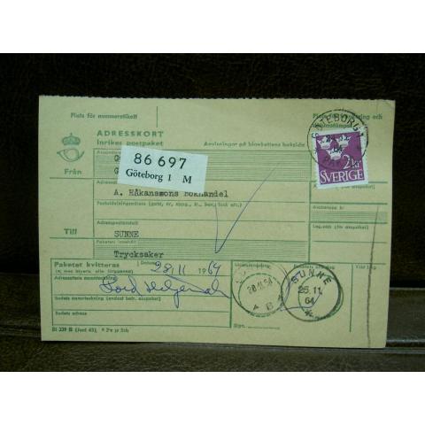 Paketavi med stämplade frimärken - 1964 - Göteborg 1 till Sunne