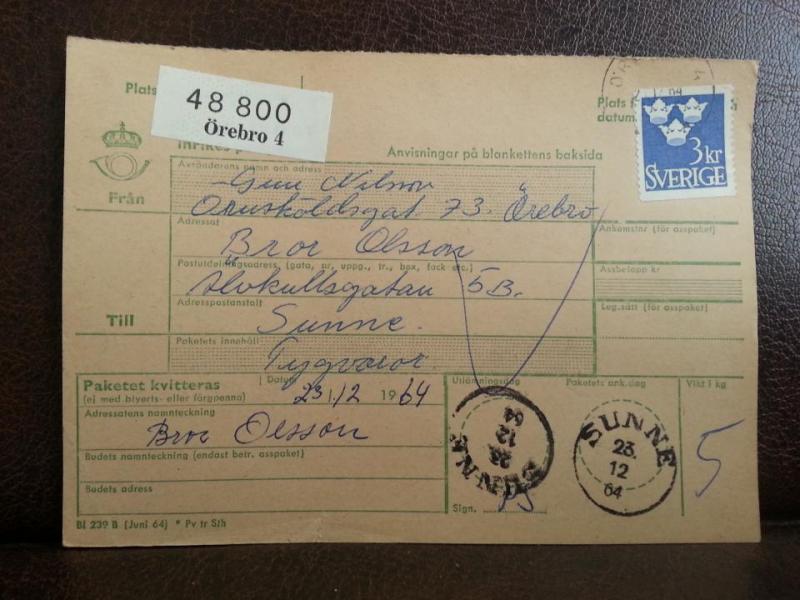 Frimärken  på adresskort - stämplat 1964 - Örebro 4 - Sunne