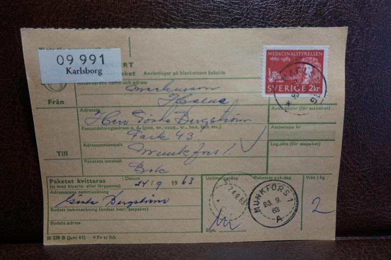 Frimärke på adresskort - stämplat 1963 - Karlsborg - Munkfors