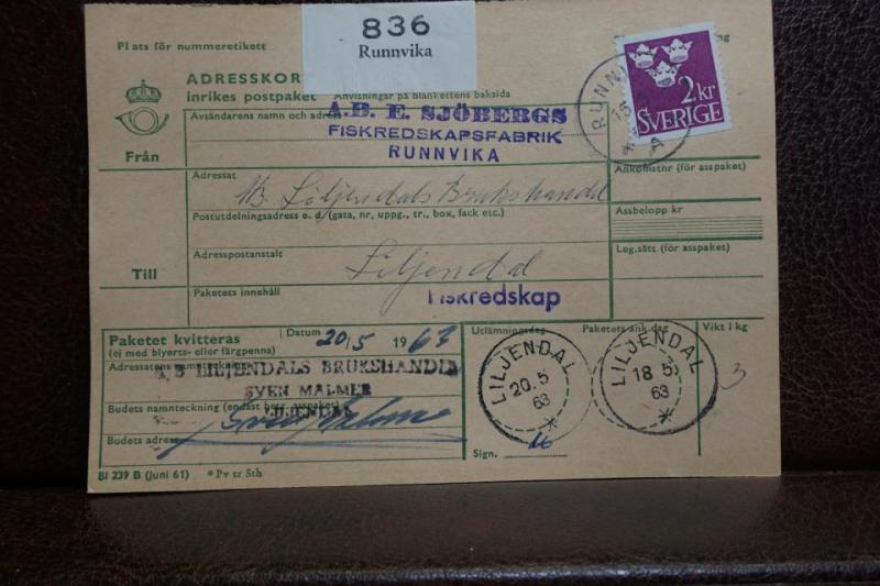 Frimärke  på adresskort - stämplat 1963 - Runnvika - Liljendal