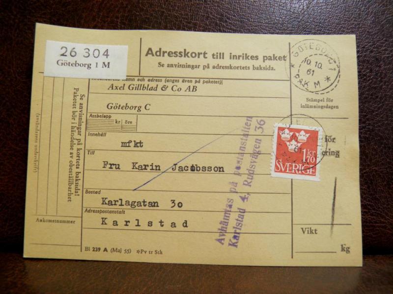 Frimärken på adresskort - stämplat 1961 - Göteborg 1 M - Karlstad 