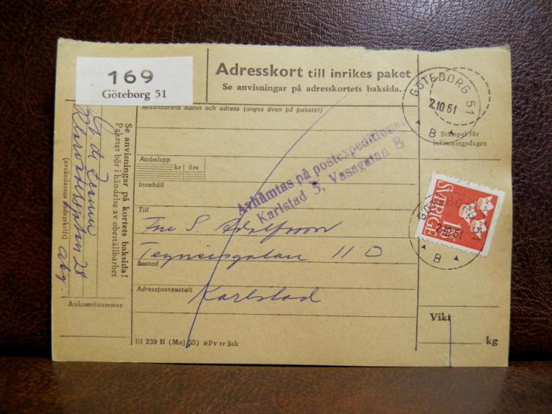 Frimärken på adresskort - stämplat 1961 - Göteborg 51 - Karlstad 