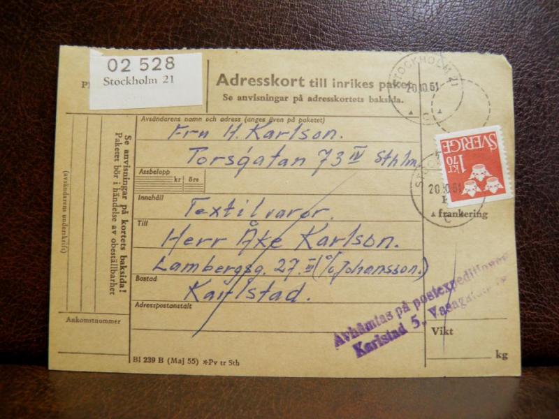 Frimärken på adresskort - stämplat 1961 - Stockholm 21 - Karlstad 