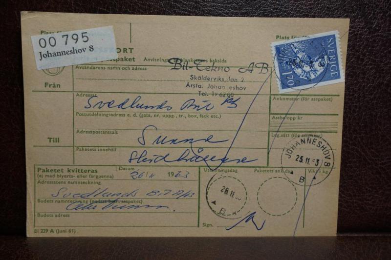 Frimärke  på adresskort - stämplat 1963 - Johanneshov 8 - Sunne